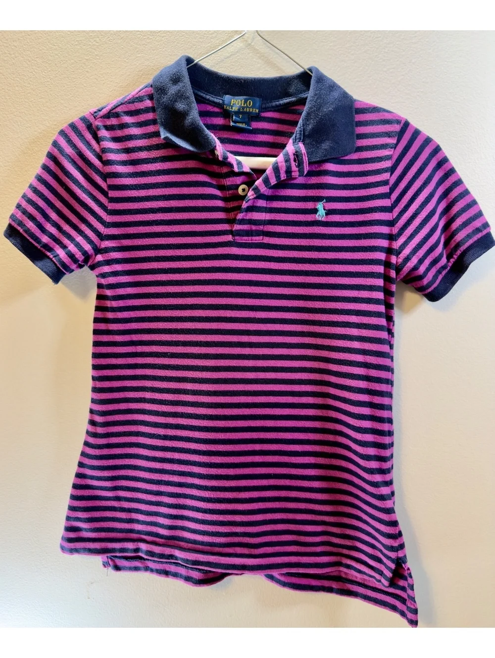 Girls Polo Ralph Lauren Polo shirt.  Purple and Navy  Stripes size 7